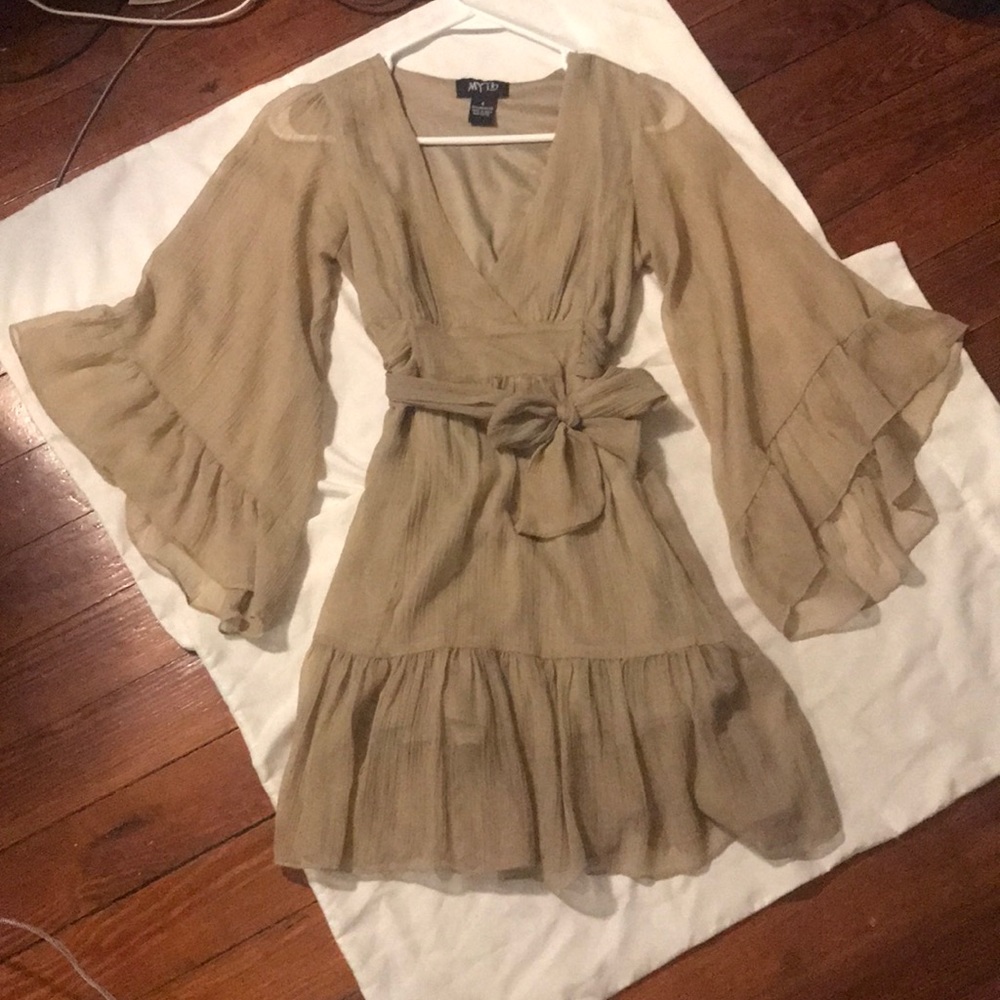Tan midi dress with a chiffon-like flow.